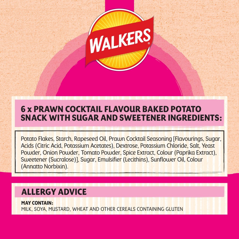 Walkers Oven Baked Prawn Cocktail Crisps, 6 x 22g, pack shot 4, available at crisps.biz