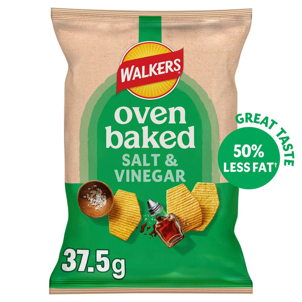 Walkers Oven Baked Salt and Vinegar Crisps, 37.5g, front of pack, available at crisps.biz