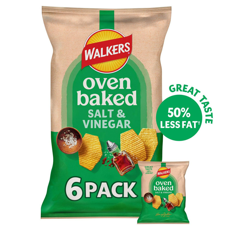 Walkers Oven Baked Salt and Vinegar Crisps, 6 x 22g, front of pack, available at crisps.biz