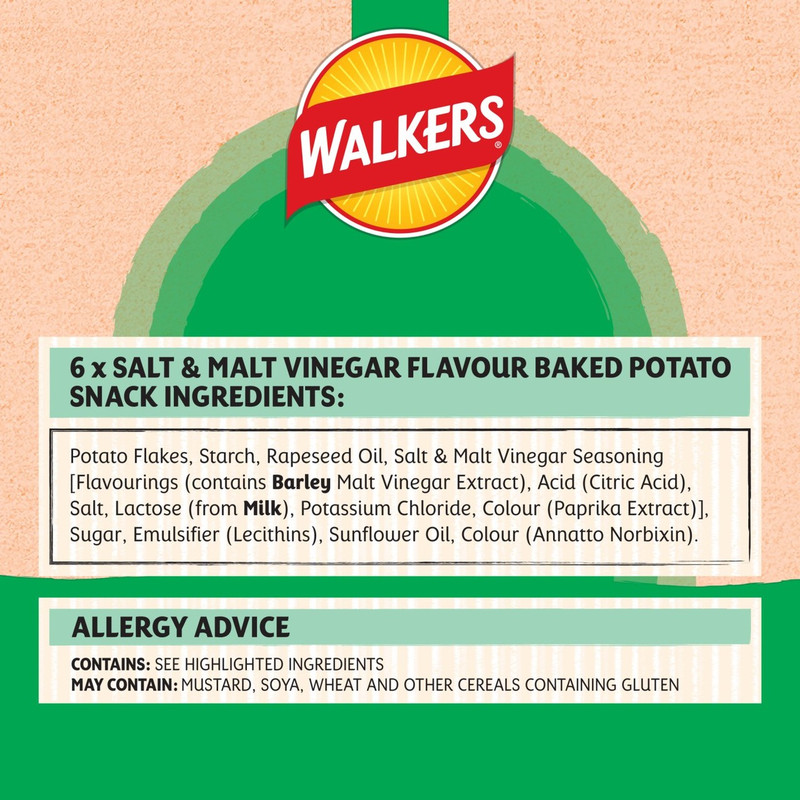 Walkers Oven Baked Salt and Vinegar Crisps, 6 x 22g, pack shot 3, available at crisps.biz