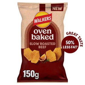 Walkers Oven Baked Slow Roasted Beef Crisps, 150g, front of pack, available at crisps.biz