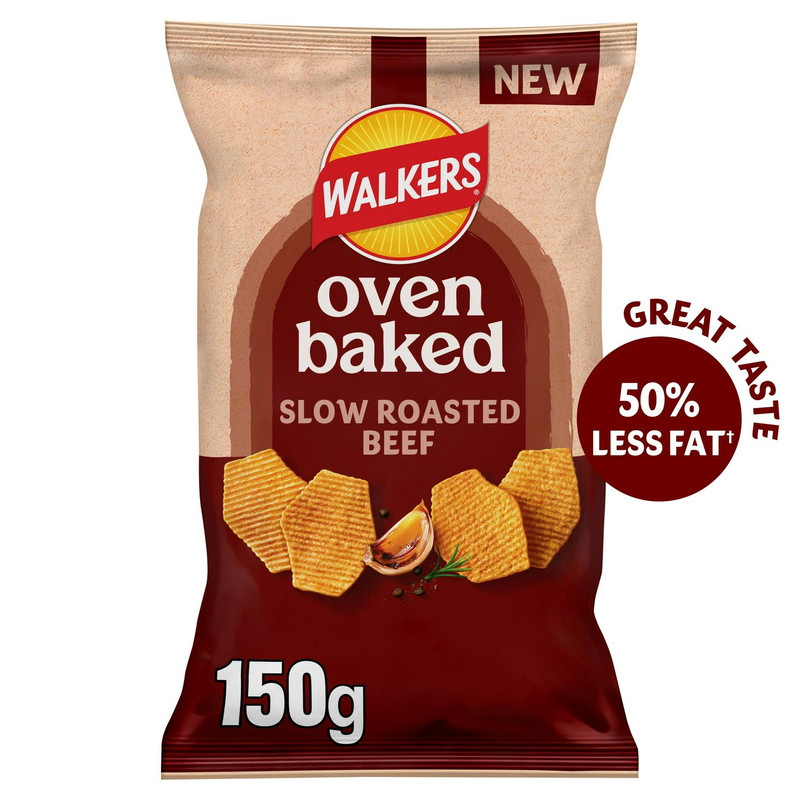 Walkers Oven Baked Slow Roasted Beef Crisps, 150g, front of pack, available at crisps.biz
