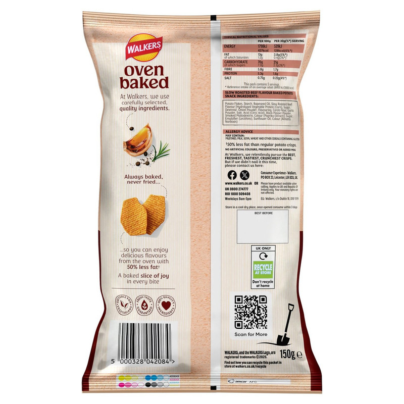 Walkers Oven Baked Slow Roasted Beef Crisps, 150g, pack shot 2, available at crisps.biz