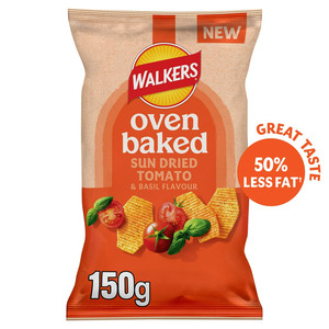 Walkers Oven Baked Sun Dried Tomato and Basil Crisps, 150g, front of pack, available at crisps.biz