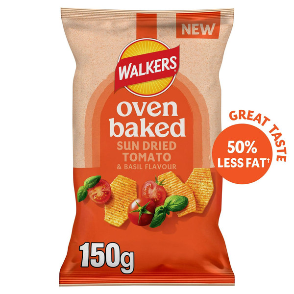 Walkers Oven Baked Sun Dried Tomato and Basil Crisps, 150g, front of pack, available at crisps.biz