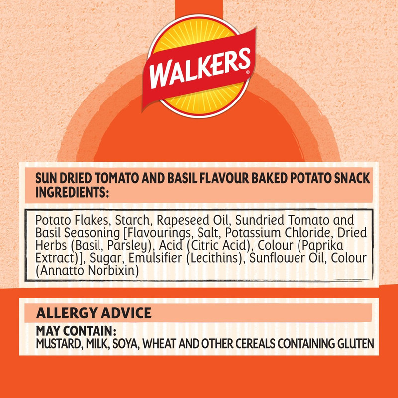 Walkers Oven Baked Sun Dried Tomato and Basil Crisps, 150g, pack shot 3, available at crisps.biz