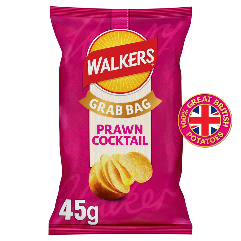 Walkers Prawn Cocktail Crisps, 45g, front of pack, available at crisps.biz
