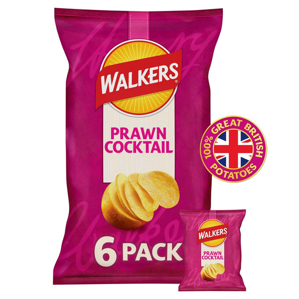 Walkers Prawn Cocktail Crisps, 6 x 25g, front of pack, available at crisps.biz
