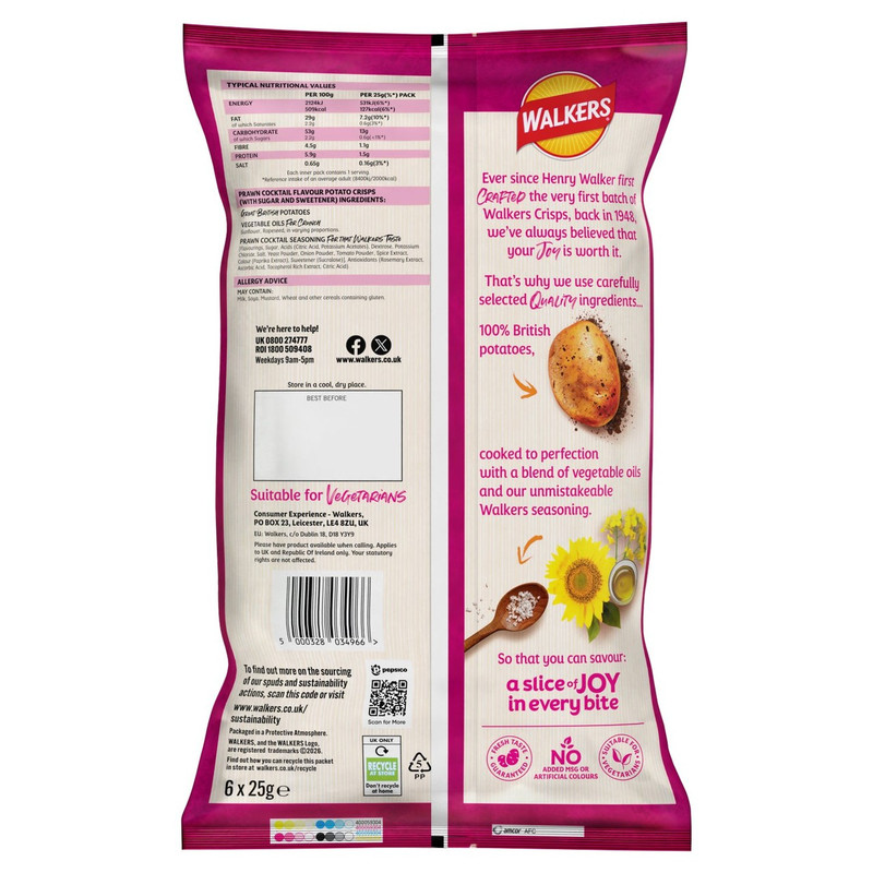 Walkers Prawn Cocktail Crisps, 6 x 25g, pack shot 2, available at crisps.biz