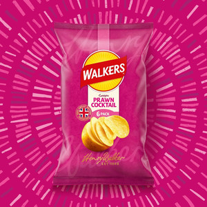 Walkers Prawn Cocktail Crisps, 6 x 25g, pack shot 3, available at crisps.biz