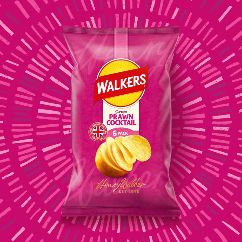 Walkers Prawn Cocktail Crisps, 6 x 25g, pack shot 3, available at crisps.biz