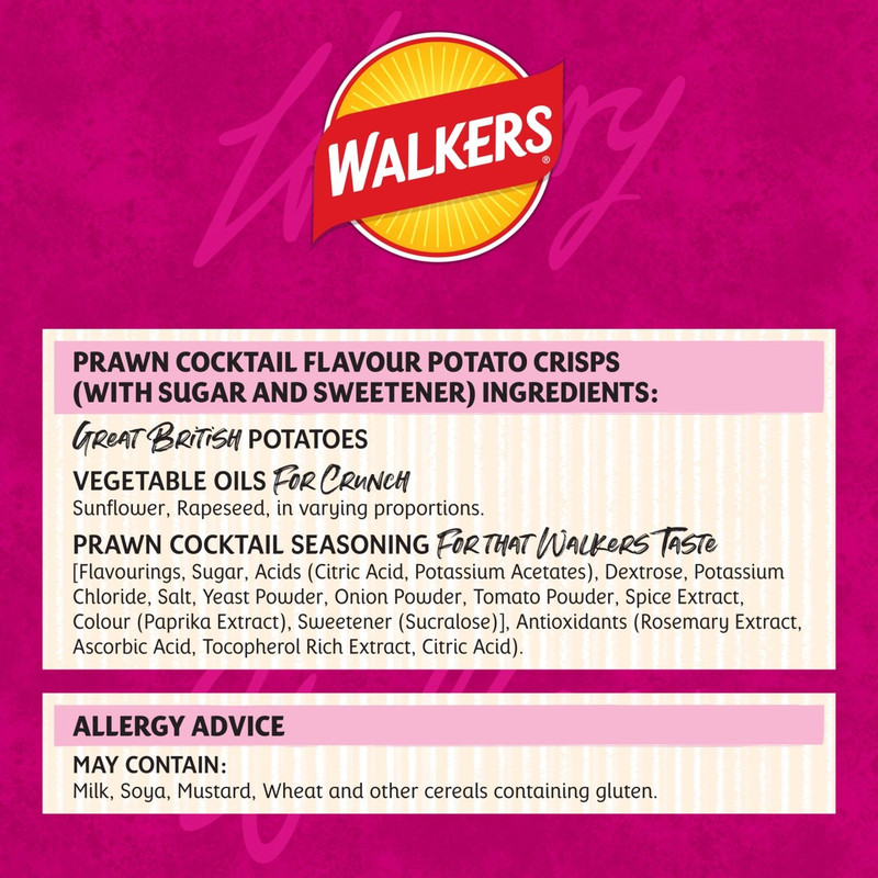 Walkers Prawn Cocktail Crisps, 6 x 25g, pack shot 4, available at crisps.biz