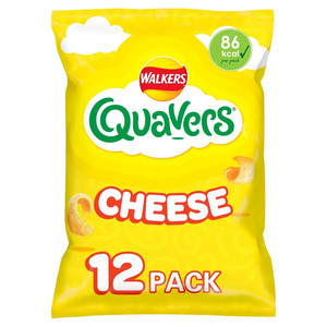 Walkers Quavers Cheese Snacks, 12 x 16g, front of pack, available at crisps.biz