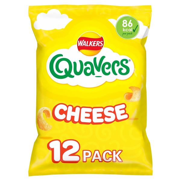 Walkers Quavers Cheese Snacks, 12 x 16g, front of pack, available at crisps.biz