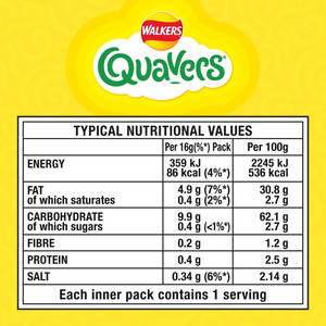 Walkers Quavers Cheese Snacks, 12 x 16g, pack shot 2, available at crisps.biz