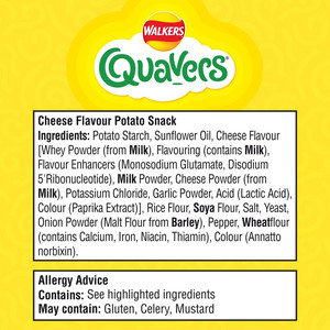Walkers Quavers Cheese Snacks, 12 x 16g, pack shot 3, available at crisps.biz