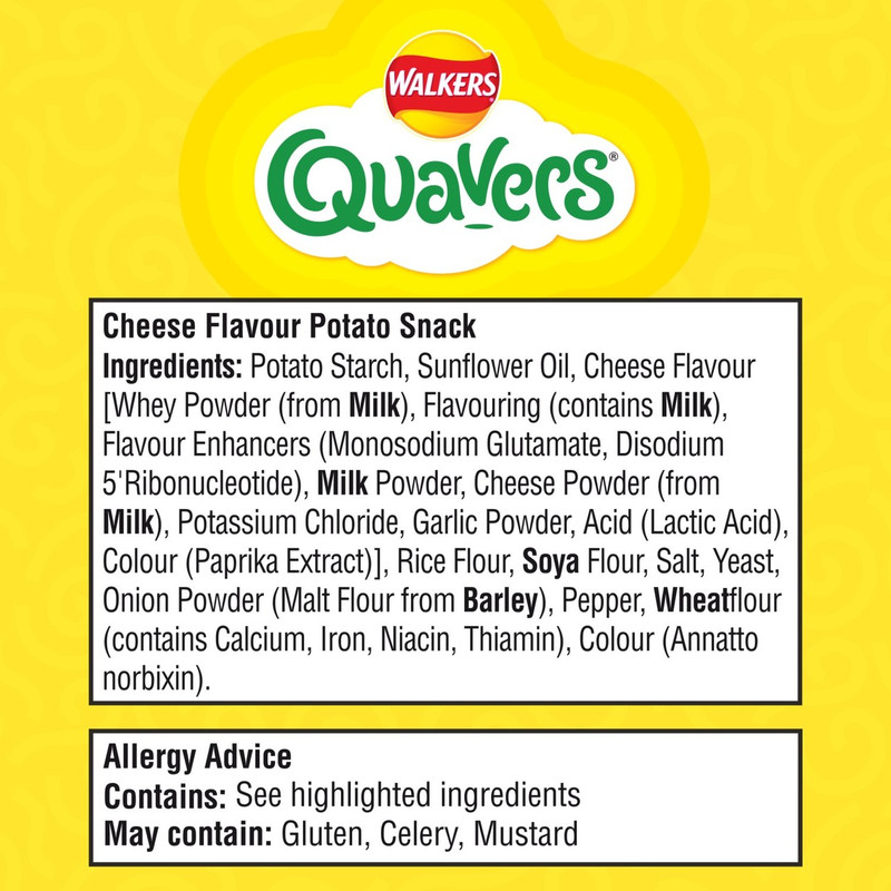Walkers Quavers Cheese Snacks, 12 x 16g, pack shot 3, available at crisps.biz