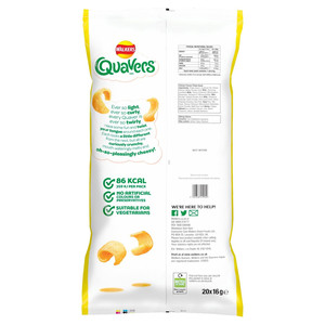 Walkers Quavers Cheese Snacks, 20 x 16g, pack shot 2, available at crisps.biz
