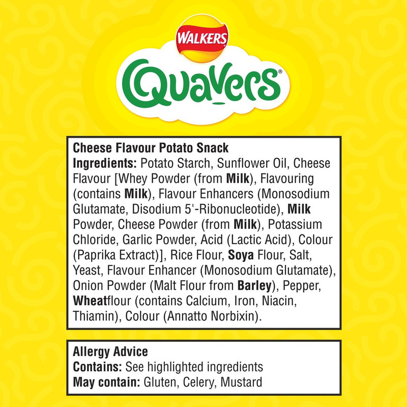 Walkers Quavers Cheese Snacks, 20 x 16g, pack shot 4, available at crisps.biz