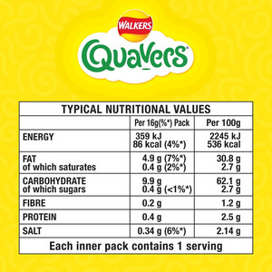 Walkers Quavers Cheese Snacks, 20 x 16g, pack shot 5, available at crisps.biz