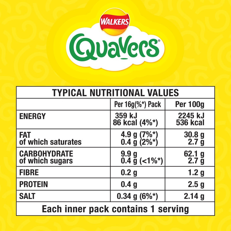 Walkers Quavers Cheese Snacks, 20 x 16g, pack shot 5, available at crisps.biz