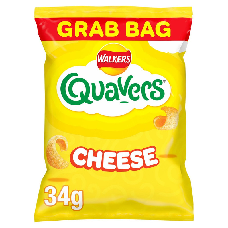 Walkers Quavers Cheese Snacks, 34g, front of pack, available at crisps.biz