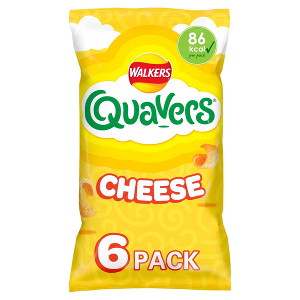 Walkers Quavers Cheese Snacks, 6 x 16g, front of pack, available at crisps.biz
