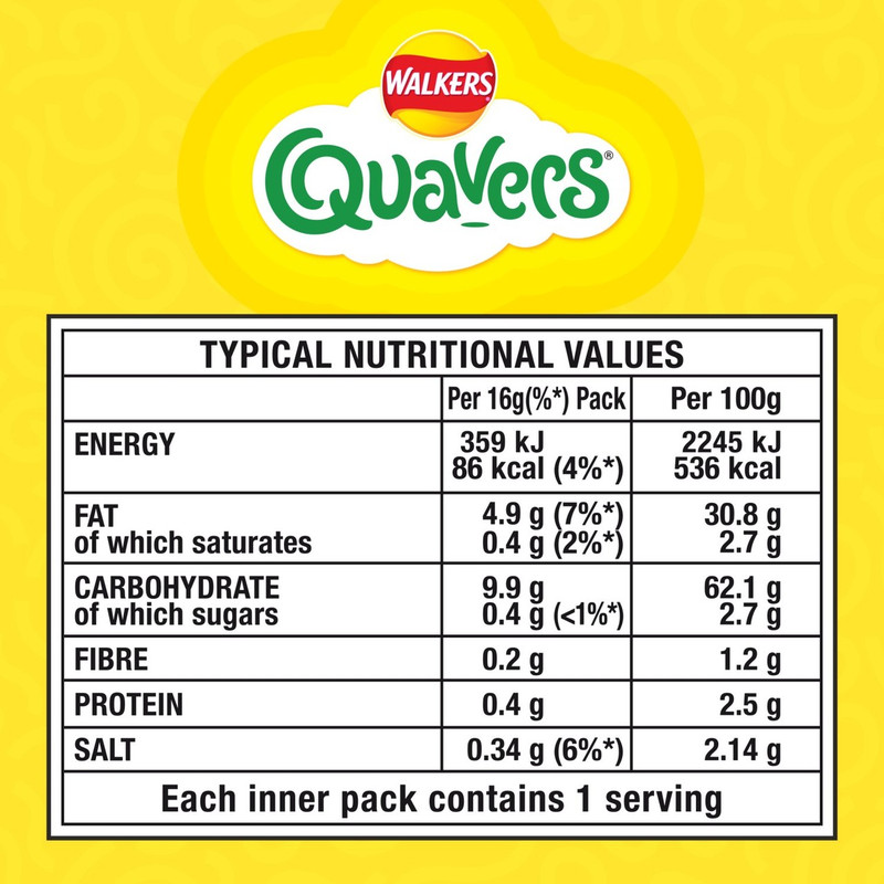 Walkers Quavers Cheese Snacks, 6 x 16g, pack shot 2, available at crisps.biz