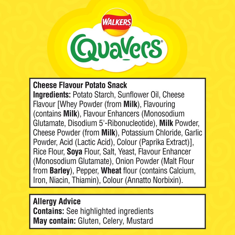 Walkers Quavers Cheese Snacks, 6 x 16g, pack shot 3, available at crisps.biz