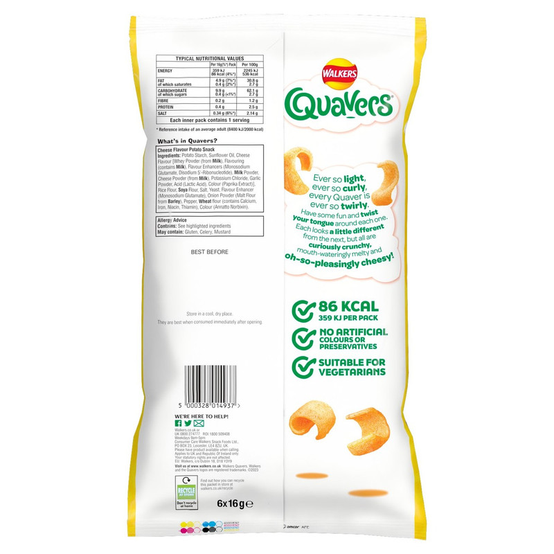 Walkers Quavers Cheese Snacks, 6 x 16g, pack shot 4, available at crisps.biz
