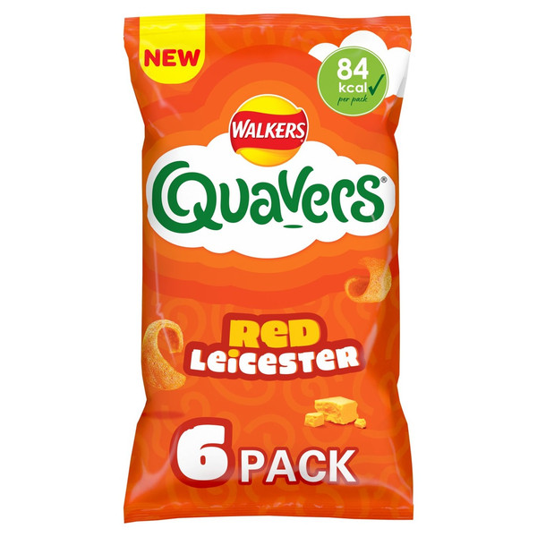 Walkers Quavers Red Leicester Cheese Snacks, 6 x 16g, front of pack, available at crisps.biz