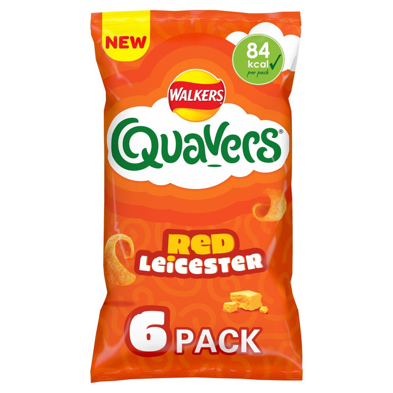 Walkers Quavers Red Leicester Cheese Snacks, 6 x 16g, front of pack, available at crisps.biz