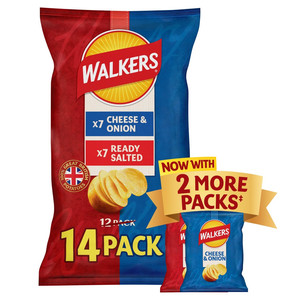 Walkers Ready Salted and Cheese and Onion Crisps, 14 x 25g, front of pack, available at crisps.biz