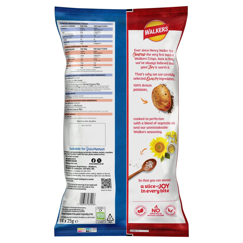 Walkers Ready Salted and Cheese and Onion Crisps, 14 x 25g, pack shot 2, available at crisps.biz