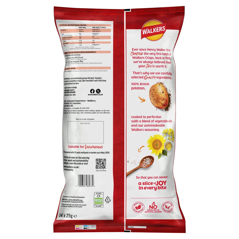 Walkers Ready Salted Crisps, 14 x 25g, pack shot 4, available at crisps.biz