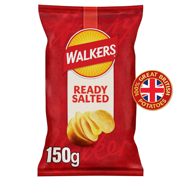 Walkers Ready Salted Crisps, 150g, front of pack, available at crisps.biz