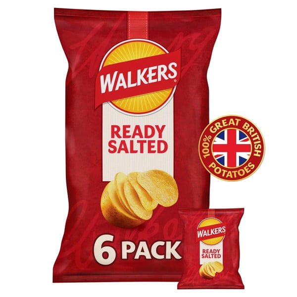 Walkers Ready Salted Crisps, 6 x 25g, front of pack, available at crisps.biz