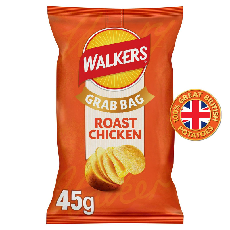 Walkers Roast Chicken Crisps, 45g, front of pack, available at crisps.biz