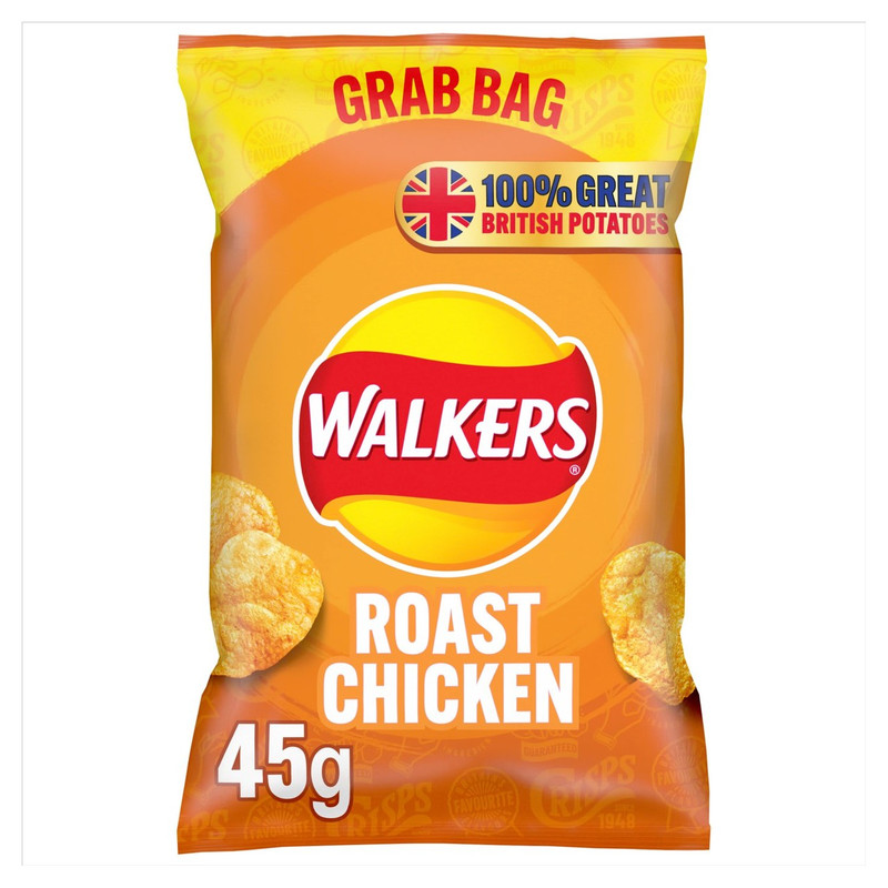 Walkers Roast Chicken Crisps, 45g, pack shot 2, available at crisps.biz