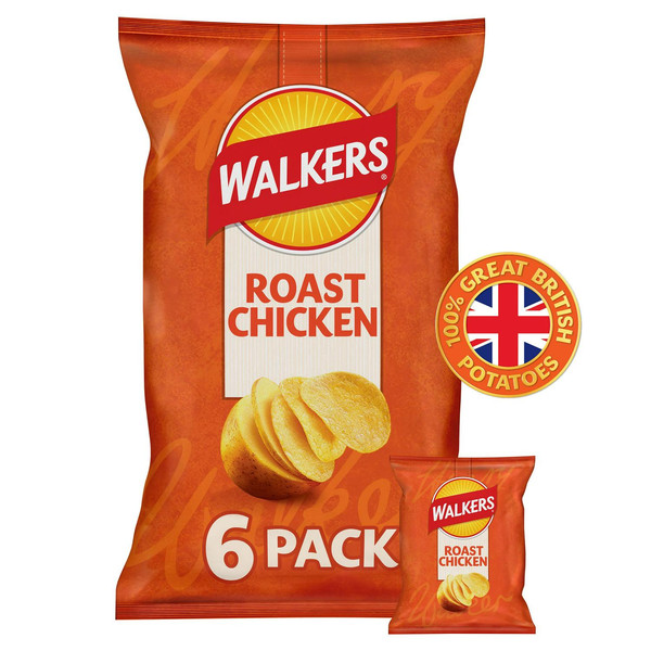 Walkers Roast Chicken Crisps, 6 x 25g, front of pack, available at crisps.biz