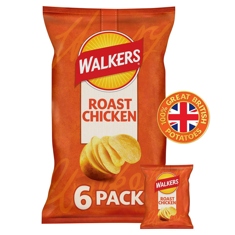 Walkers Roast Chicken Crisps, 6 x 25g, front of pack, available at crisps.biz