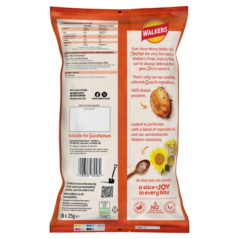 Walkers Roast Chicken Crisps, 6 x 25g, pack shot 2, available at crisps.biz