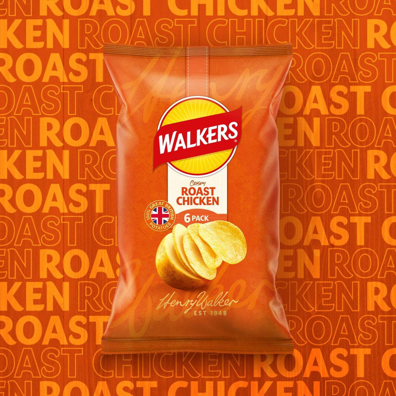 Walkers Roast Chicken Crisps, 6 x 25g, pack shot 3, available at crisps.biz