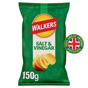 Walkers Salt and Vinegar Crisps, 150g, front of pack, available at crisps.biz