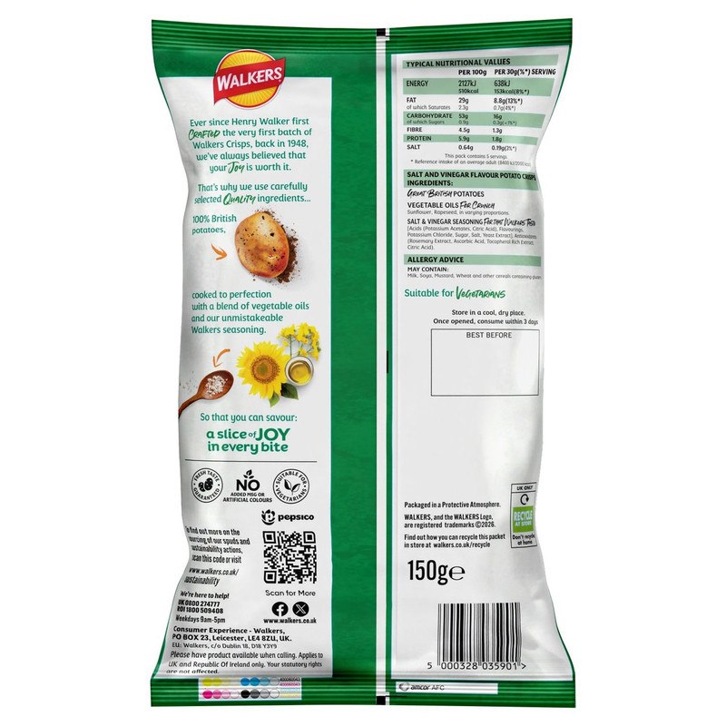 Walkers Salt and Vinegar Crisps, 150g, pack shot 2, available at crisps.biz