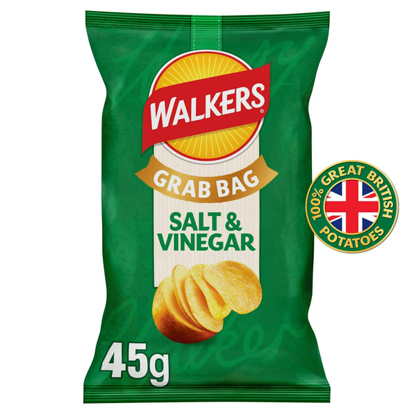 Walkers Salt and Vinegar Crisps, 45g, front of pack, available at crisps.biz