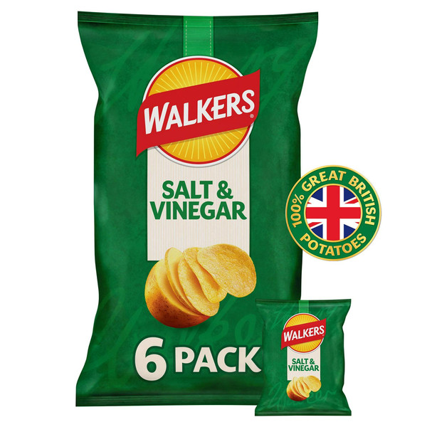 Walkers Salt and Vinegar Crisps, 6 x 25g, front of pack, available at crisps.biz