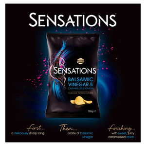 Walkers Sensations Balsamic Vinegar and Caramelised Onion Crisps, 150g, pack shot 3, available at crisps.biz