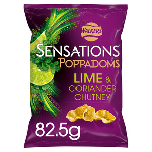 Walkers Sensations Lime and Coriander Chutney Poppadoms, 82.5g, front of pack, available at crisps.biz