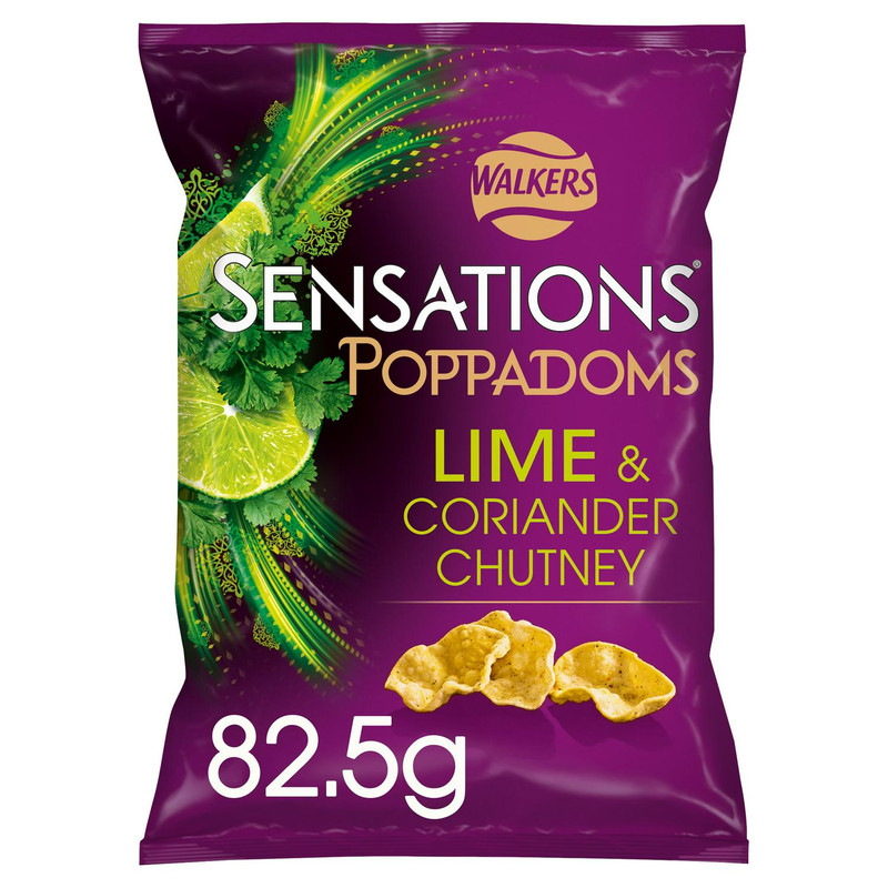 Walkers Sensations Lime and Coriander Chutney Poppadoms, 82.5g, front of pack, available at crisps.biz
